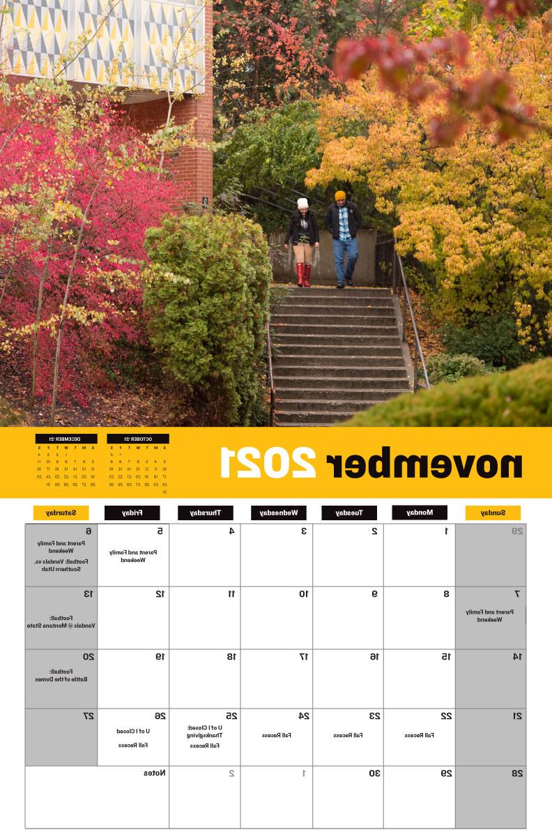 Vandal welcome calendar with students walking down the stairs in the fall.